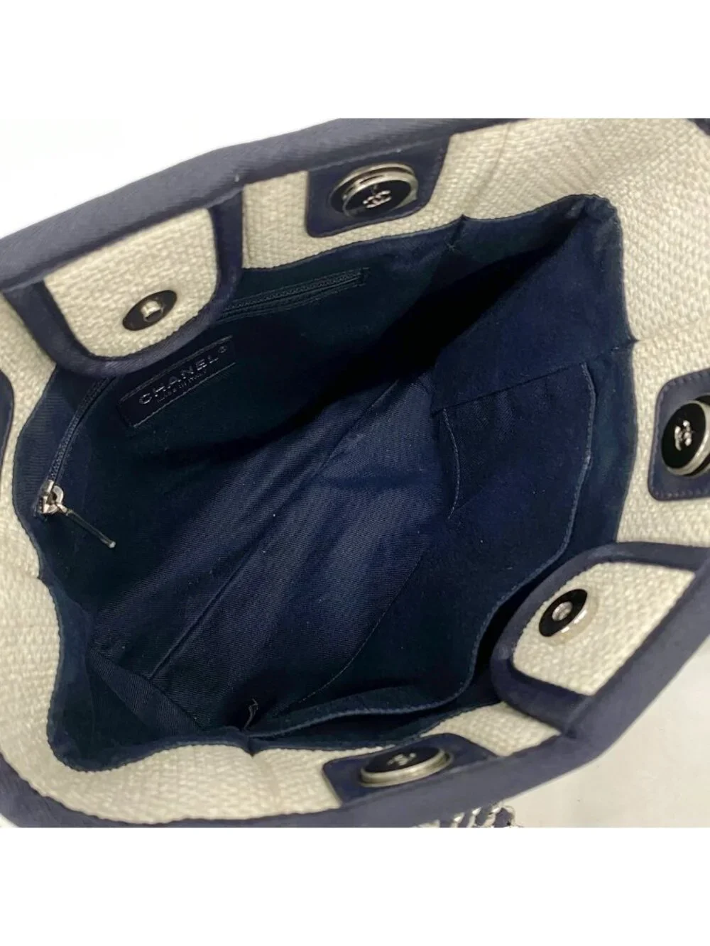 Chanel Chain Tote Bag Deauville Raffia Ivory Navy Silver